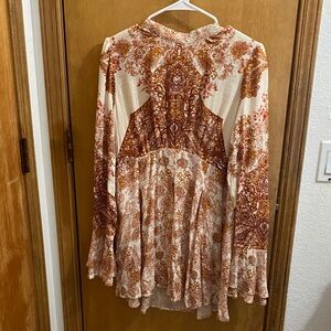 Free People Cream and Rust Paisley Long Sleeve Boho Maxi Dress